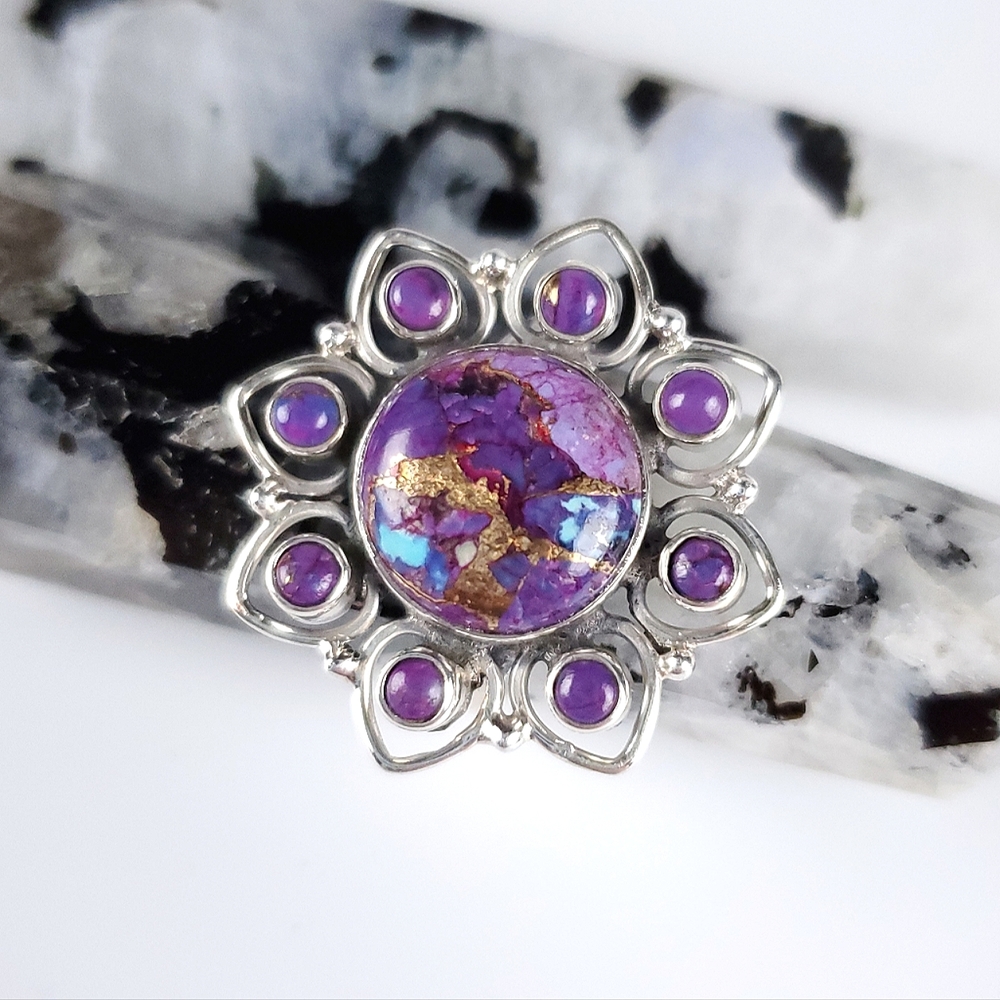 925 Sterling Silver Purple Copper Turquoise Flower Ring Size 9 New